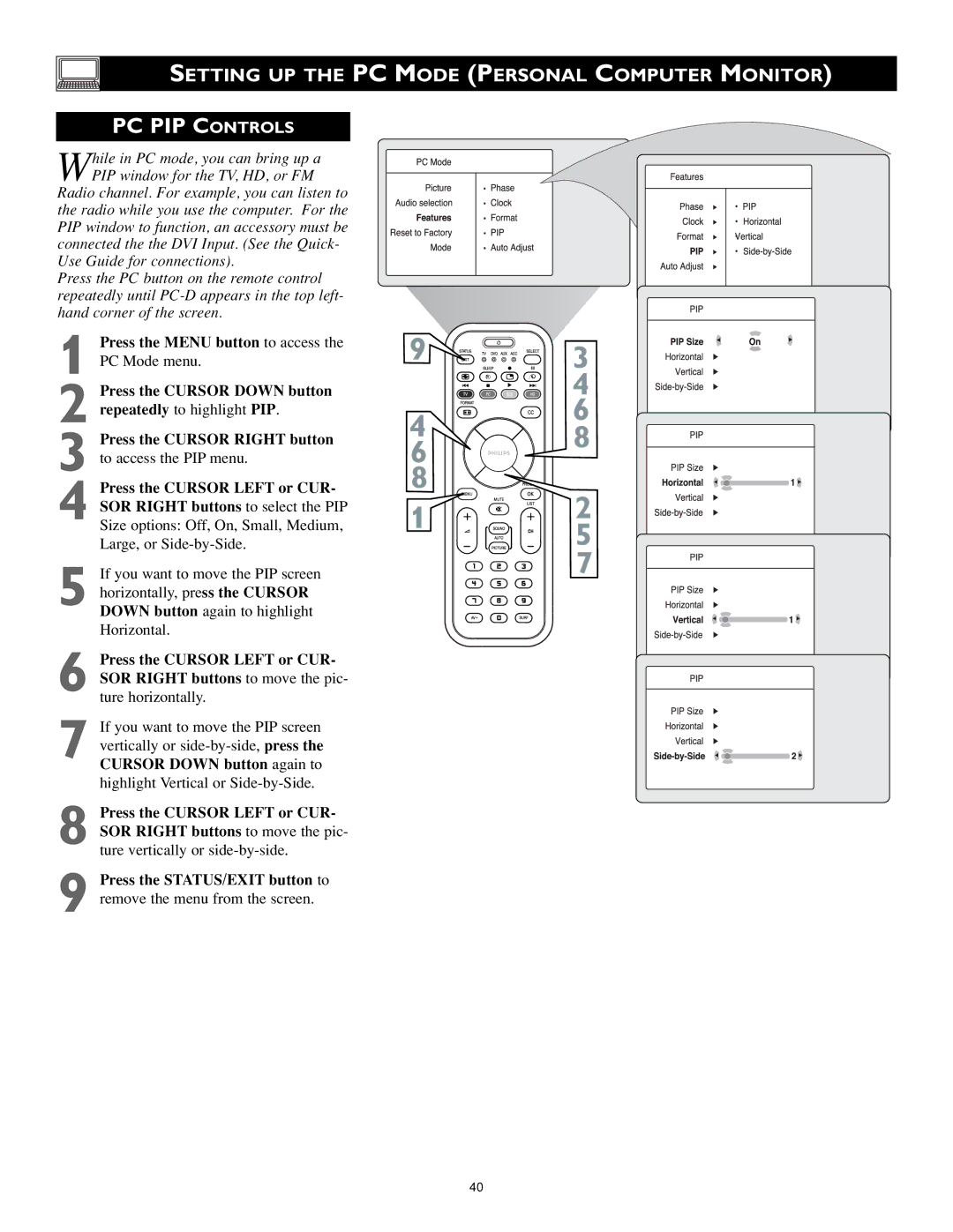 Philips 17PF9946/37 user manual PC PIP Controls 