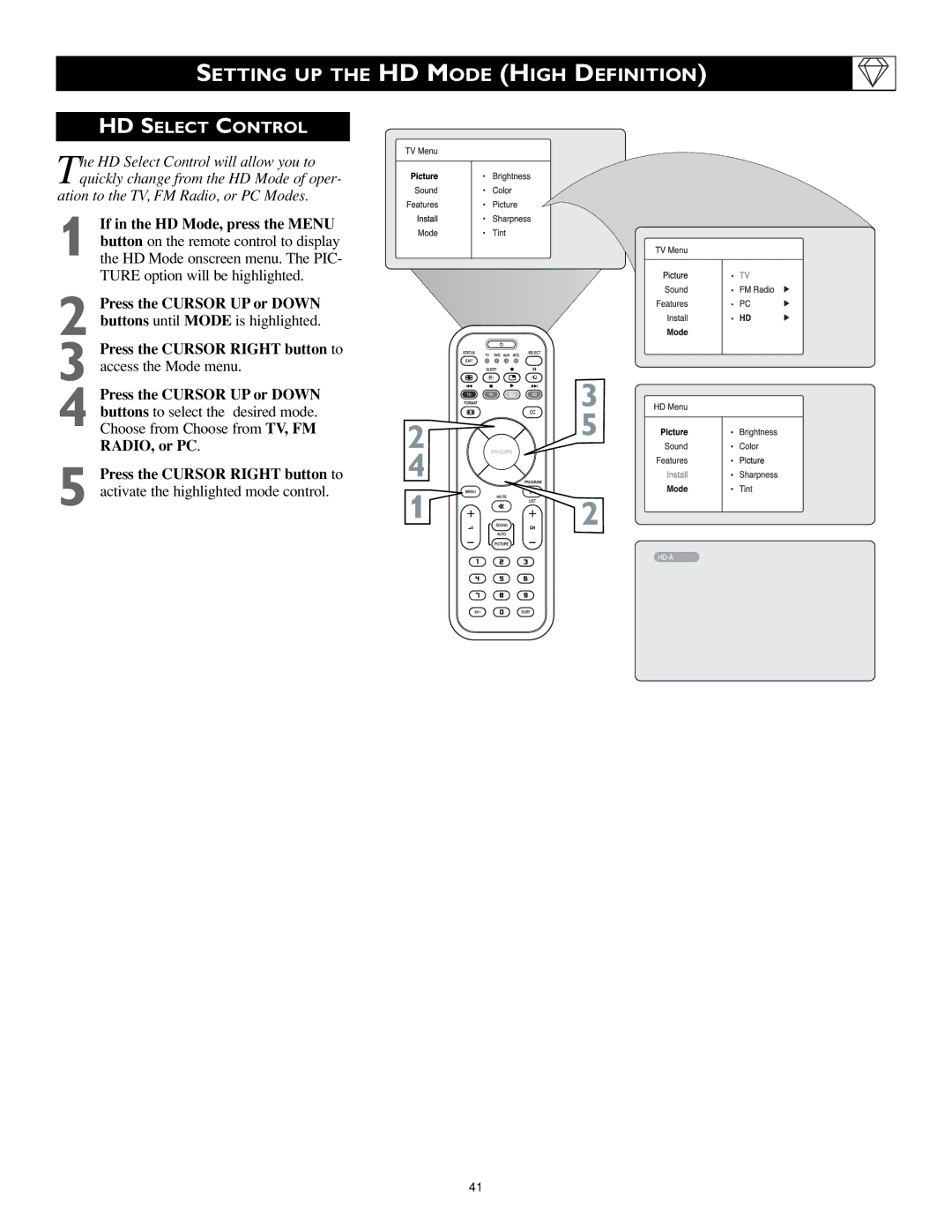 Philips 17PF9946/37 user manual Setting UP the HD Mode High Definition, HD Select Control 