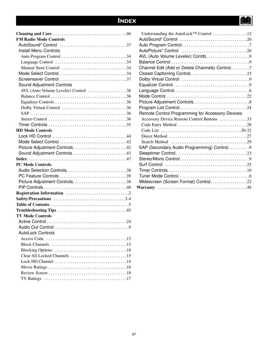 Philips 17PF9946/37 user manual Index, Install Menu Controls 