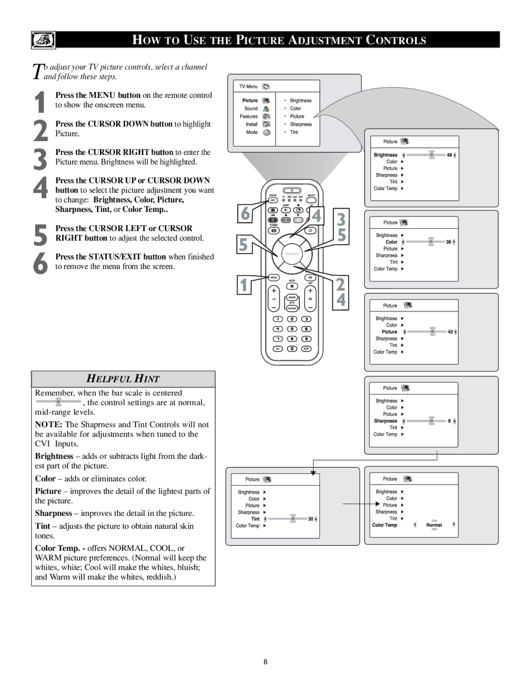 Philips 17PF9946/37 user manual HOW to USE the Picture Adjustment Controls 