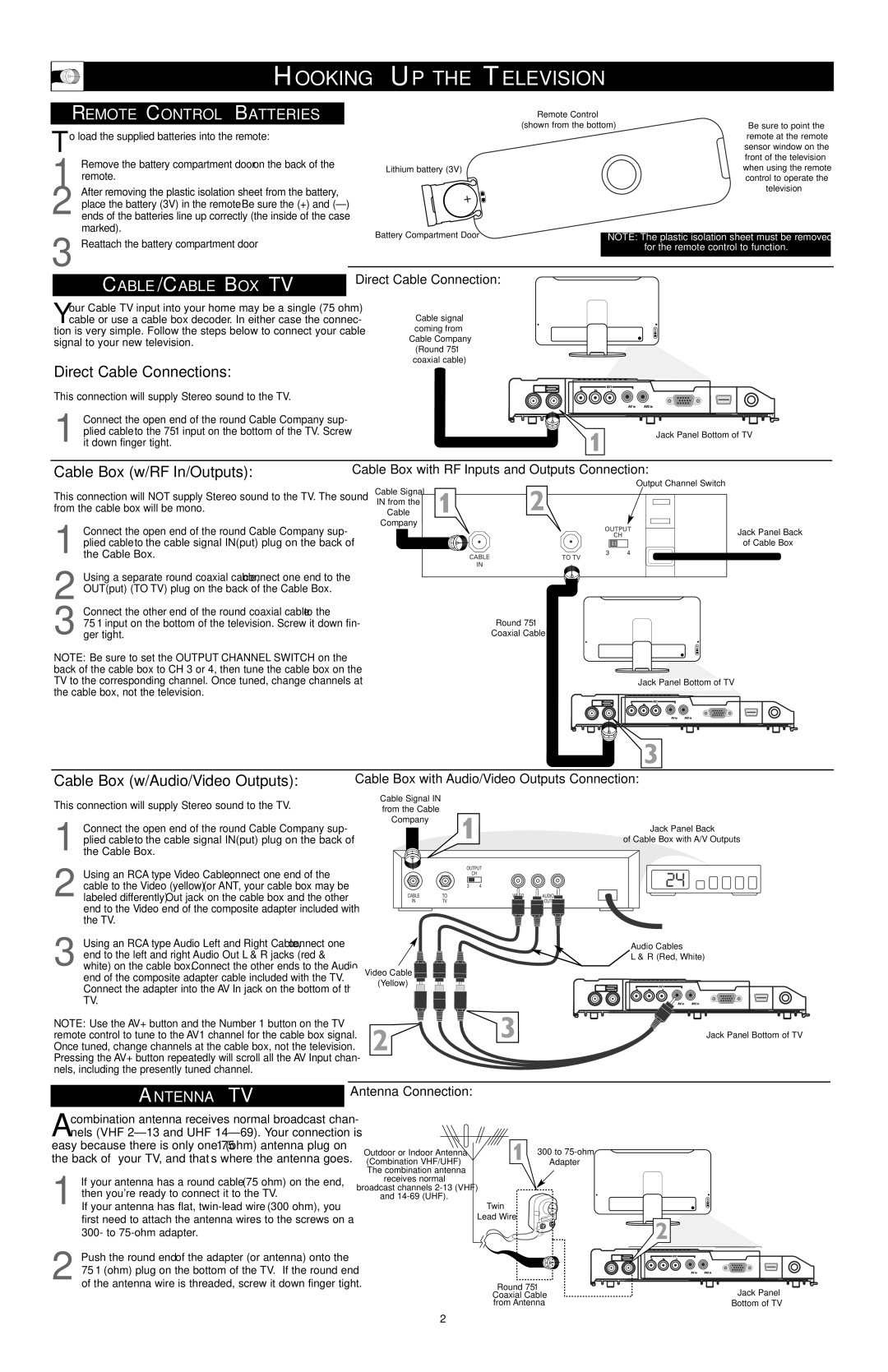 Philips 17PF9946/37 owner manual Hooking UP the Television, Remote Control Batteries, Cable/Cable Box Tv, Antenna TV 