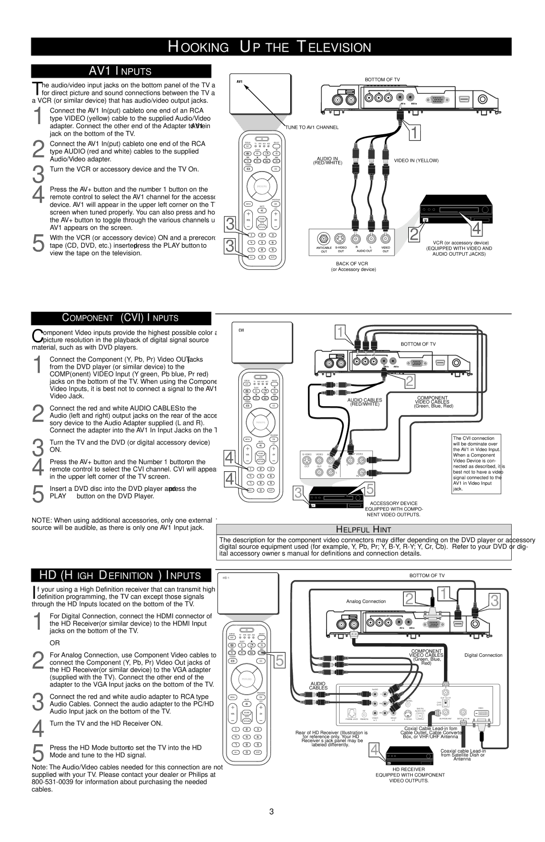 Philips 17PF9946/37 owner manual Hooking UP the Television AV1 Inputs, HD High Definition Inputs HD 