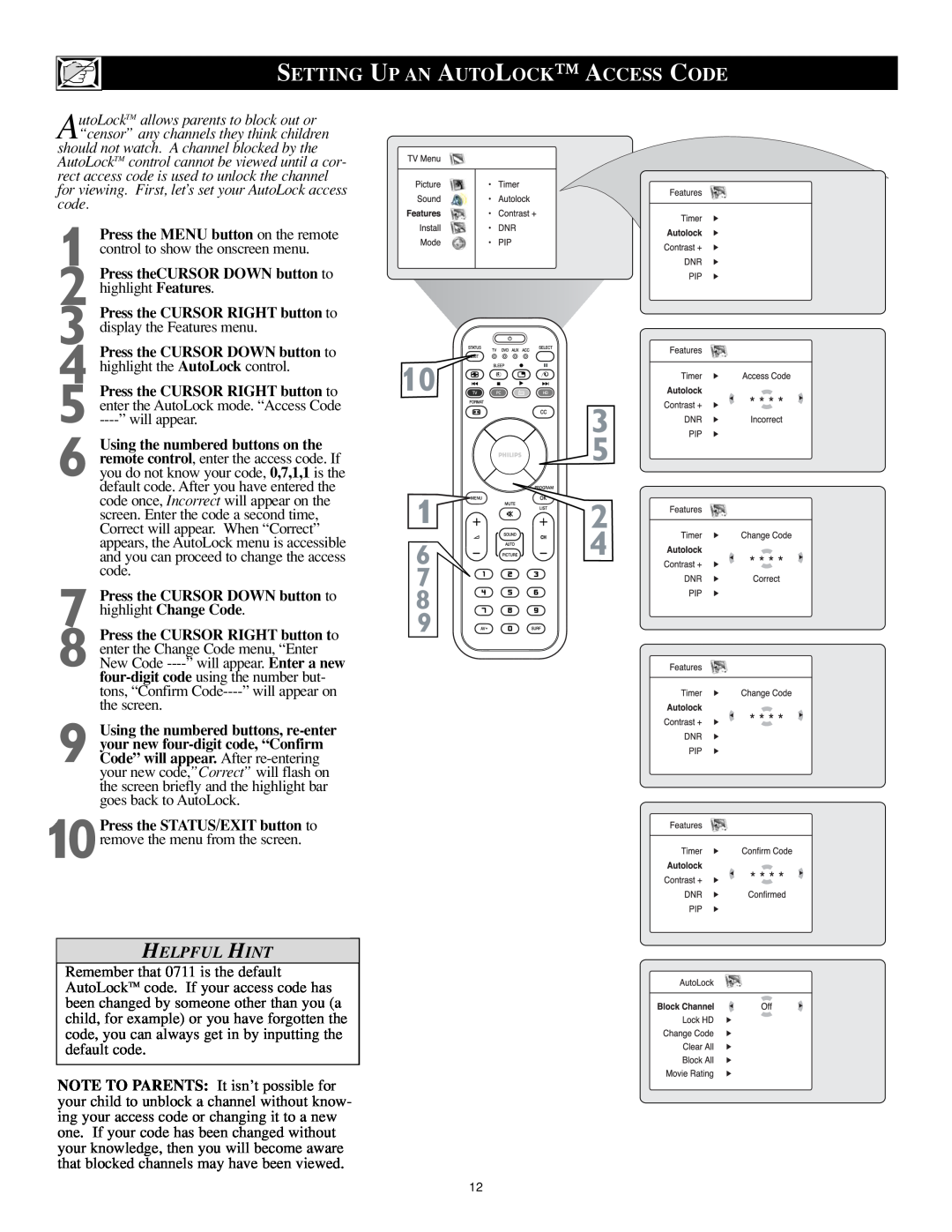 Philips 17PF9946/37 user manual Setting Up An Autolock Access Code, Helpful Hint 
