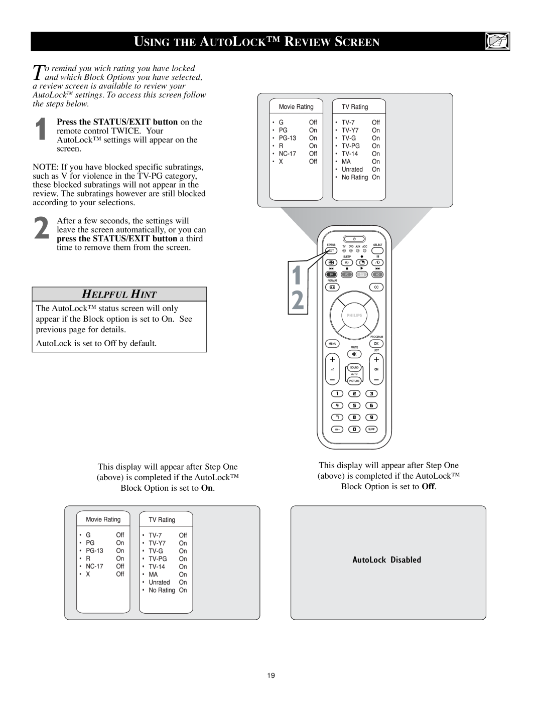 Philips 17PF9946/37 user manual Using The Autolock Review Screen, Helpful Hint 