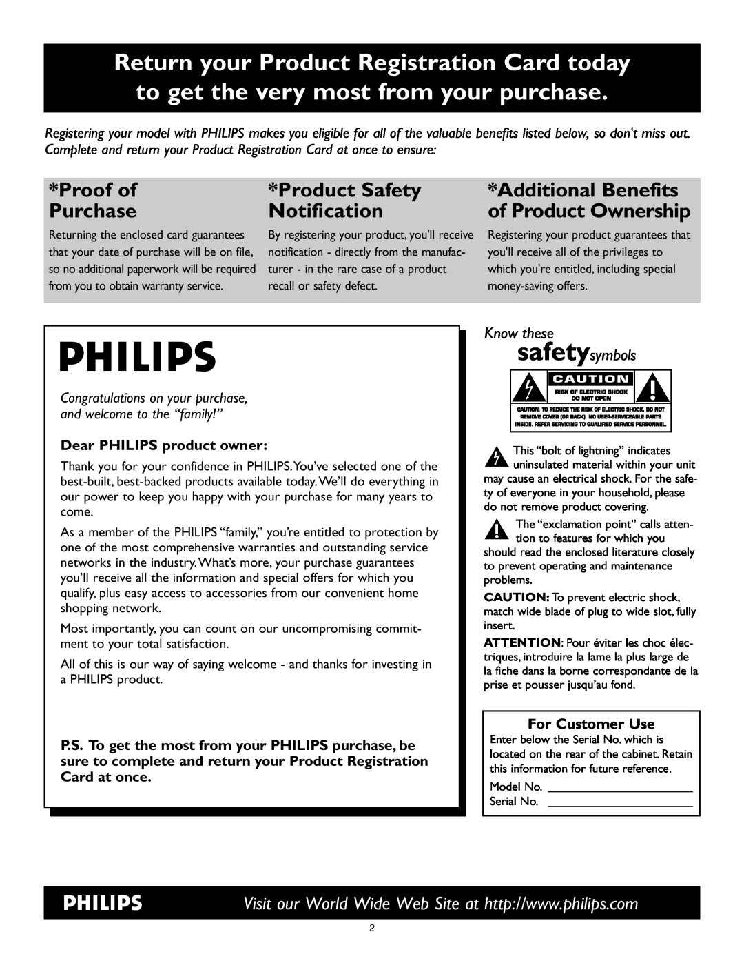 Philips 17PF9946/37 user manual Proof of, Product Safety, Additional Benefits, Purchase, Notification, of Product Ownership 