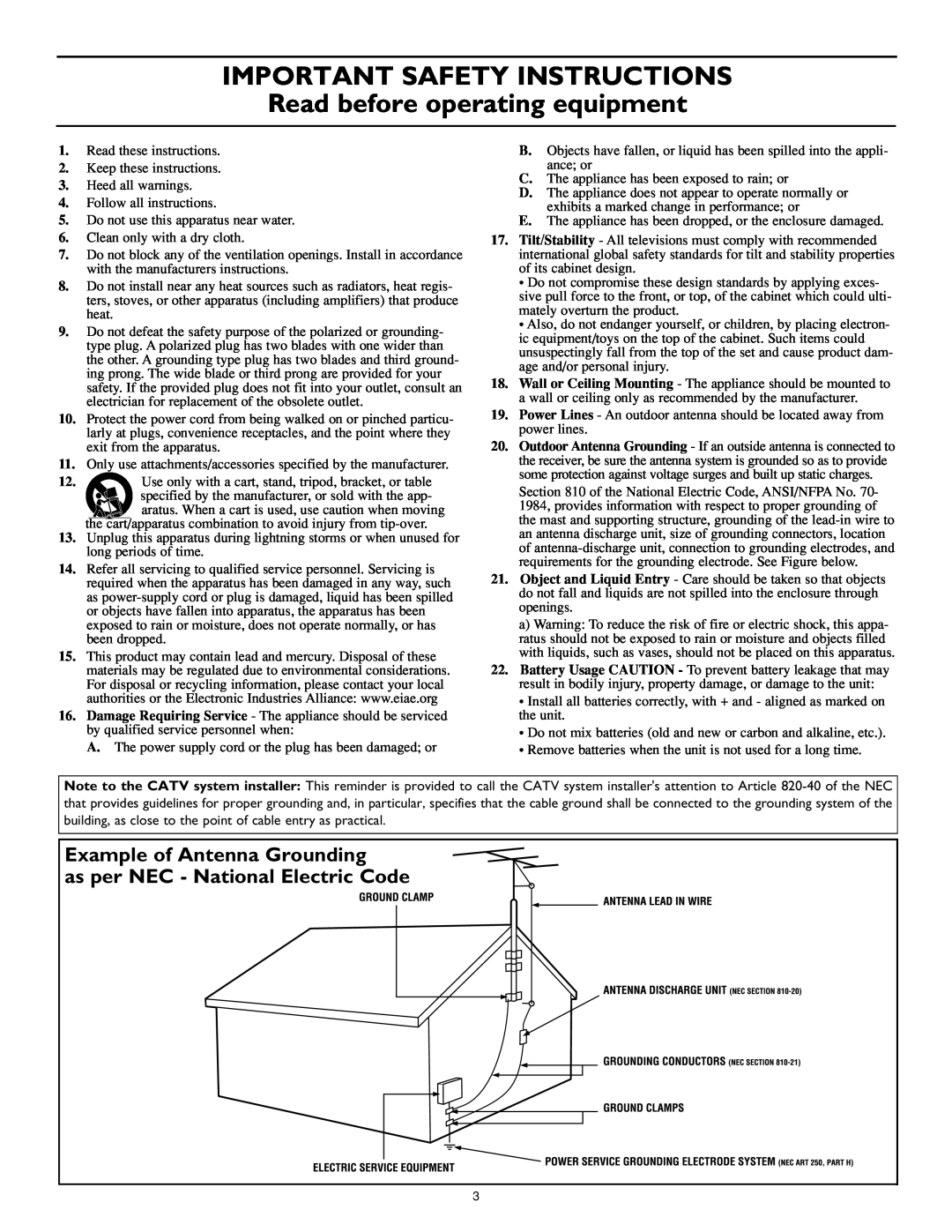 Philips 17PF9946/37 Important Safety Instructions, Read before operating equipment, Example of Antenna Grounding 