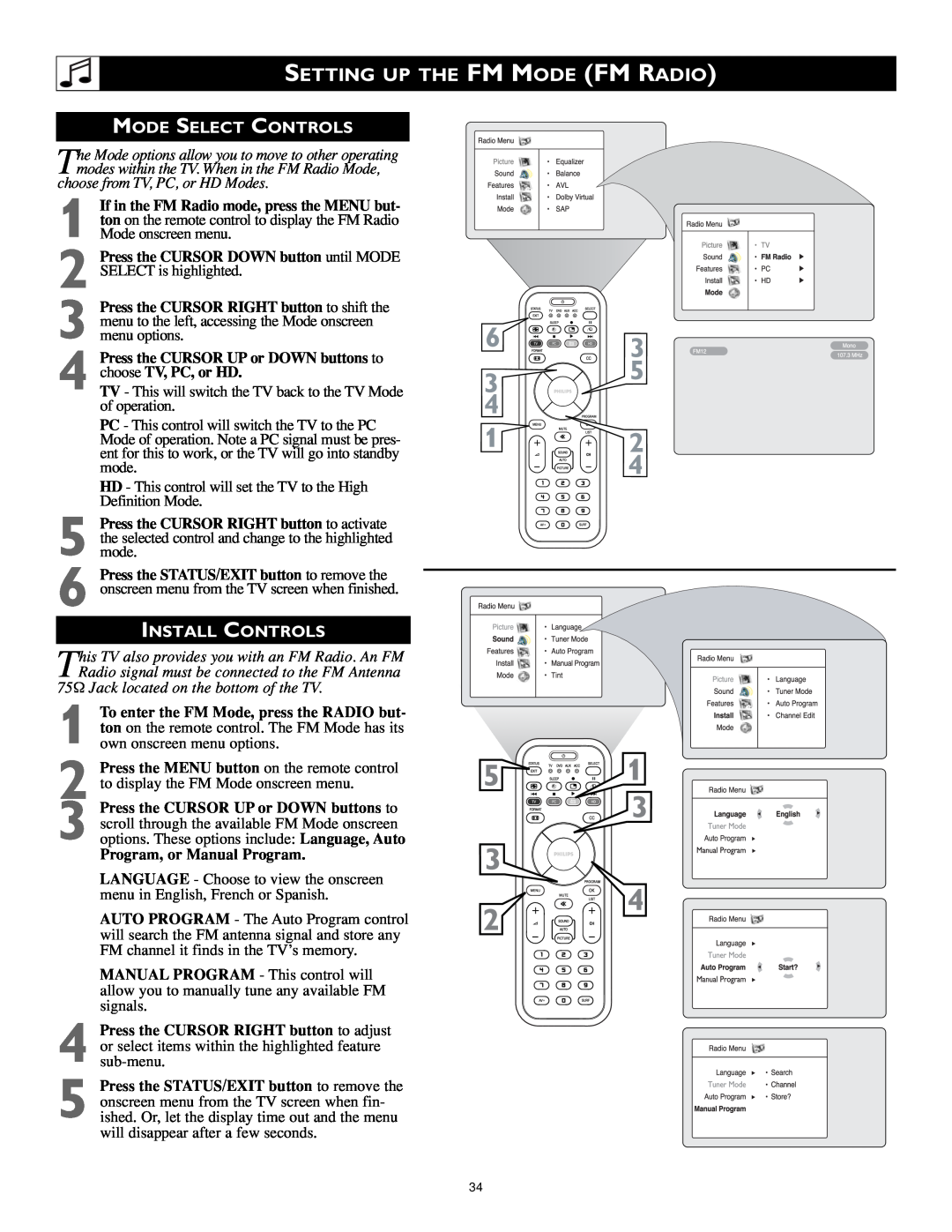 Philips 17PF9946/37 user manual 1 2, Setting Up The Fm Mode Fm Radio, Mode Select Controls, Install Controls 