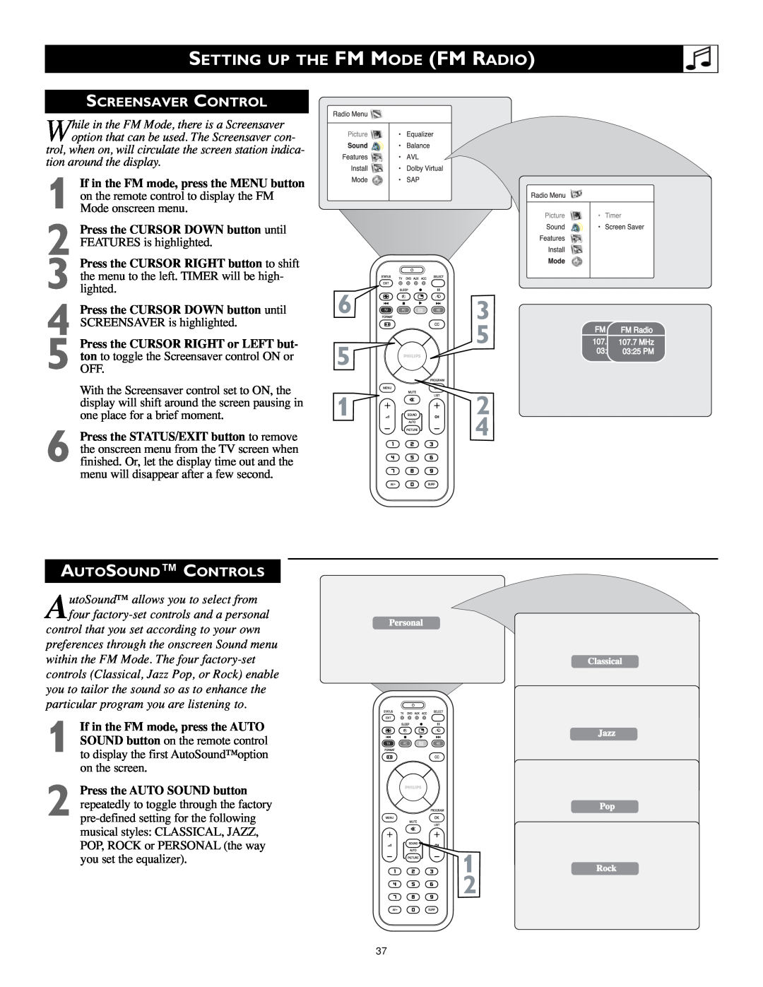Philips 17PF9946/37 user manual Setting Up The Fm Mode Fm Radio, Screensaver Control, Autosound Controls 