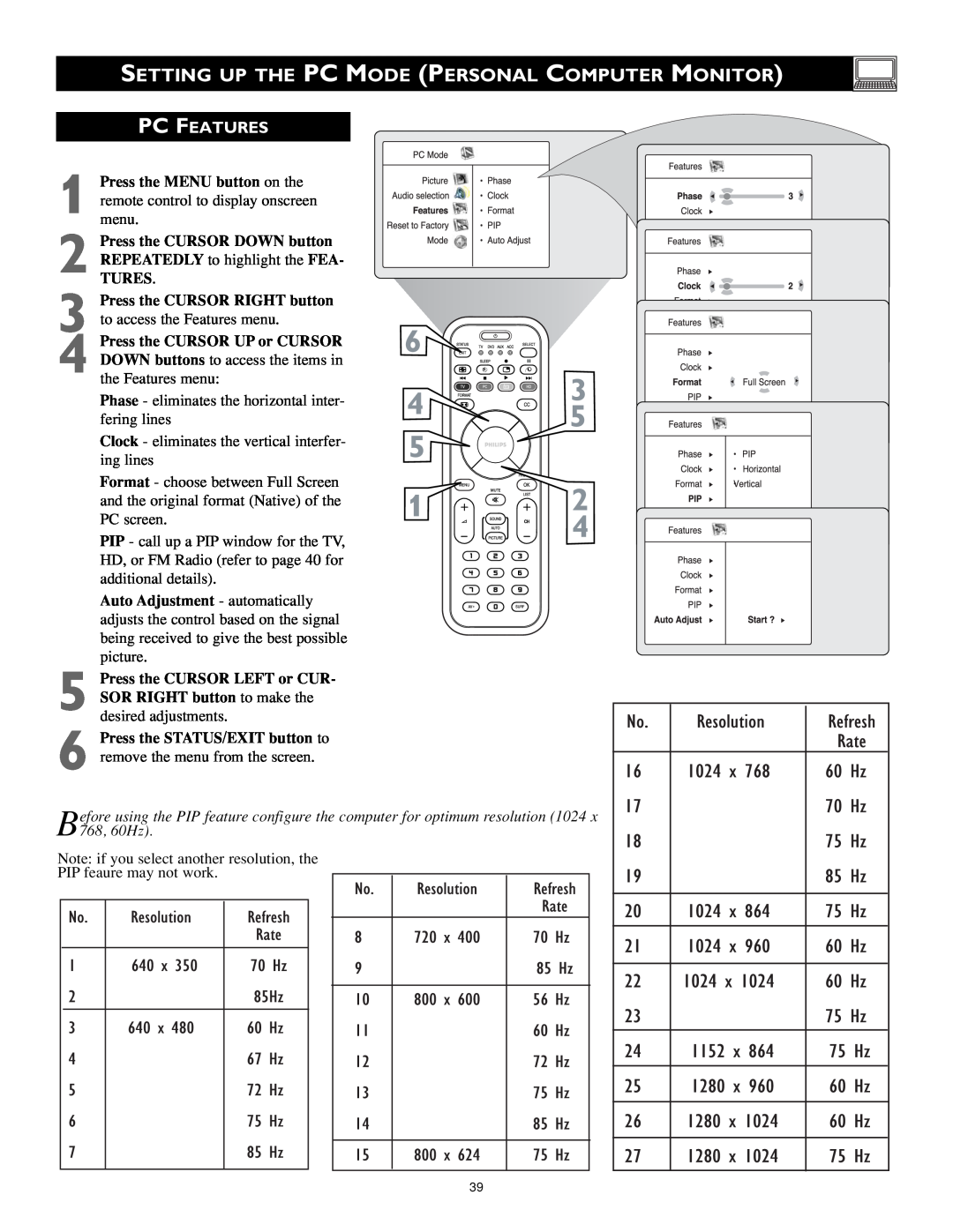 Philips 17PF9946/37 user manual Setting Up The Pc Mode Personal Computer Monitor, Pc Features 