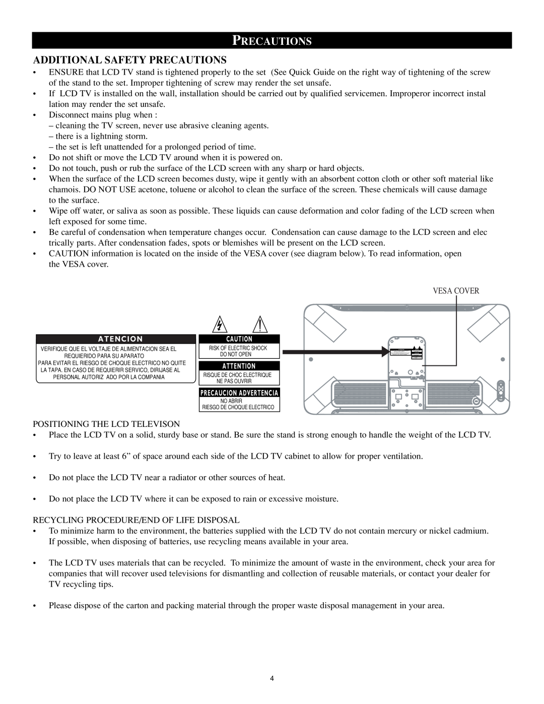 Philips 17PF9946/37 user manual Additional Safety Precautions, Vesa Cover 