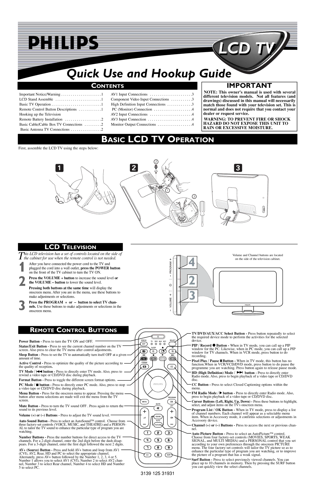 Philips 17PF9946/37B owner manual Basic LCD TV Operation, Contents, LCD Television, Remote Control Buttons 