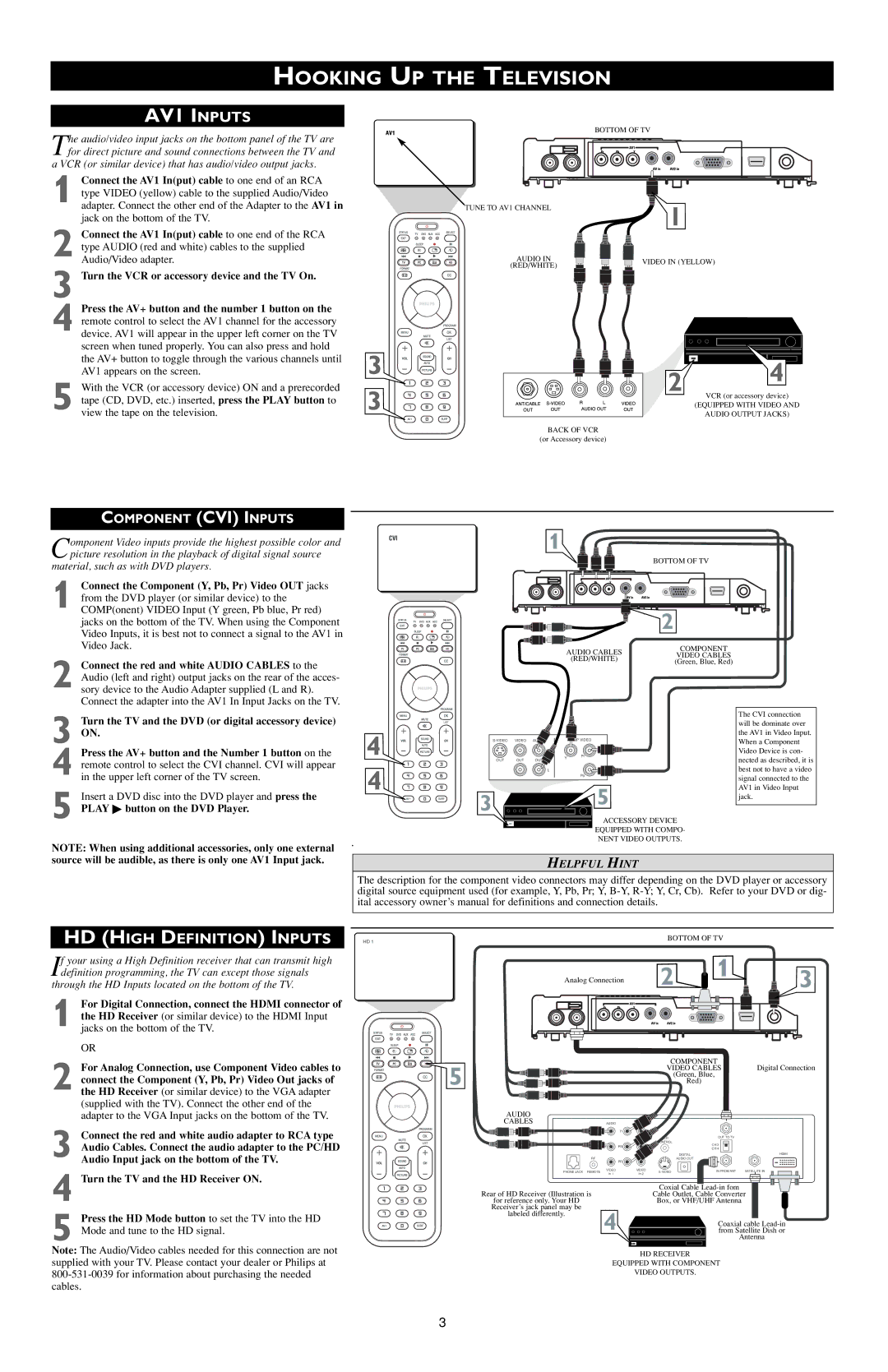 Philips 17PF9946/37B owner manual Hooking UP the Television AV1 Inputs, HD High Definition Inputs HD 