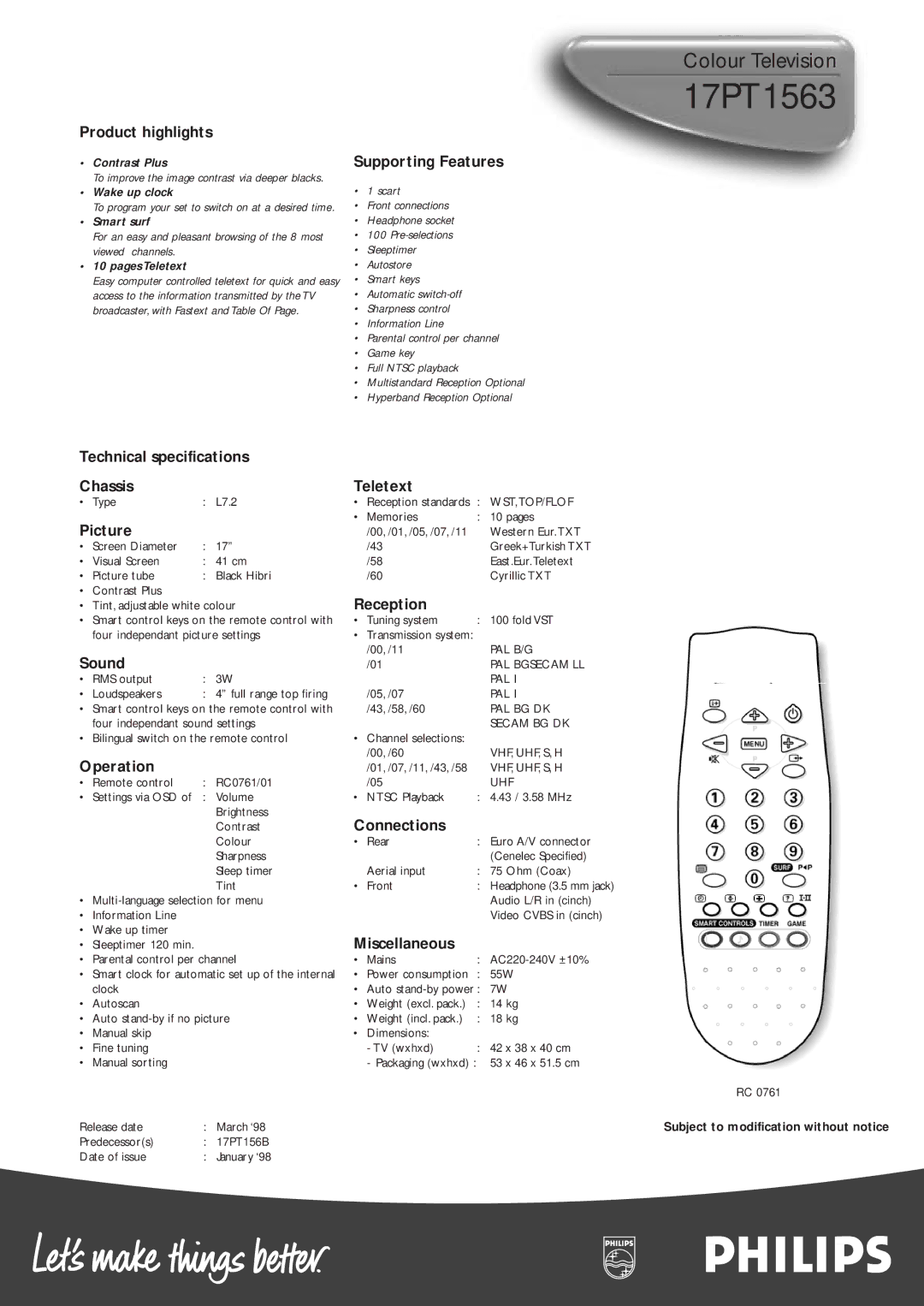 Philips 17PT1563 Product highlights, Supporting Features, Technical specifications Chassis, Picture, Sound, Operation 