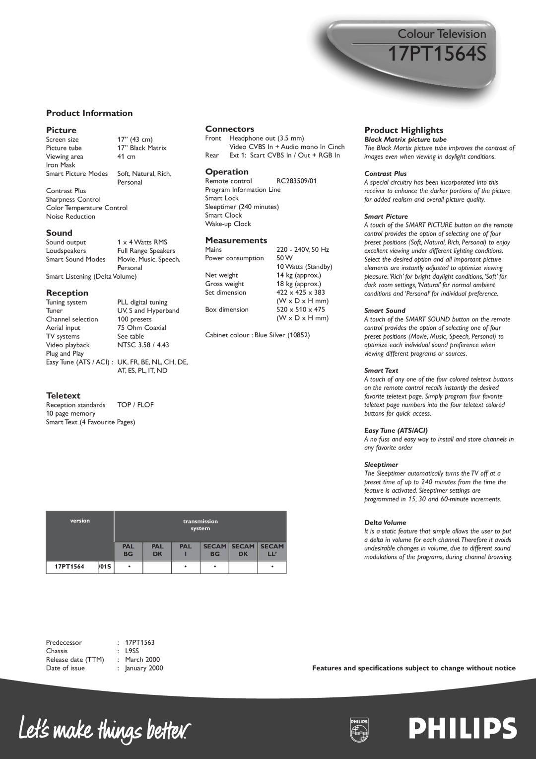 Philips 17PT1564S Product Information Picture, Sound, Reception, Connectors, Operation, Measurements, Product Highlights 