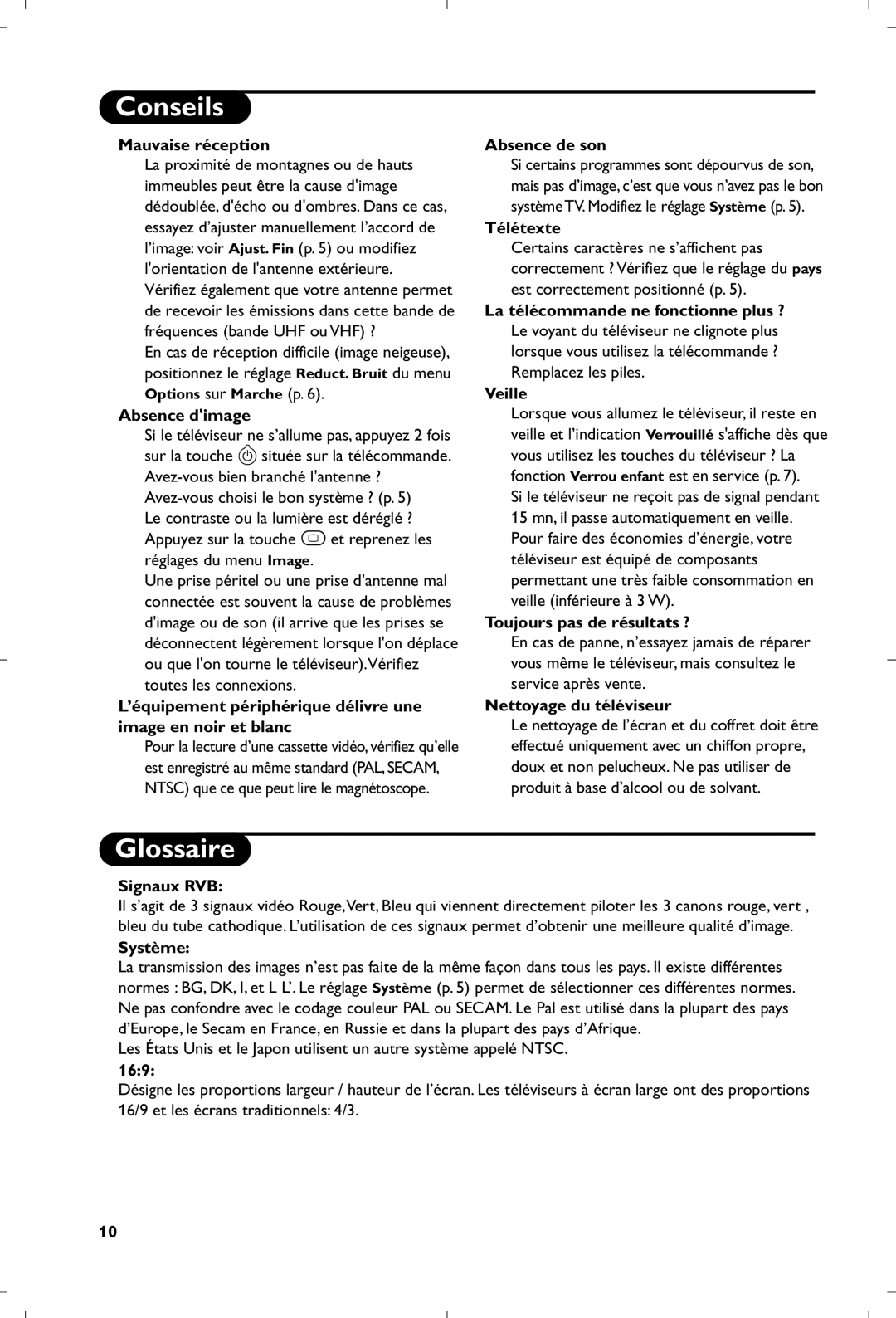 Philips 17PT1666 manual Conseils, Glossaire 