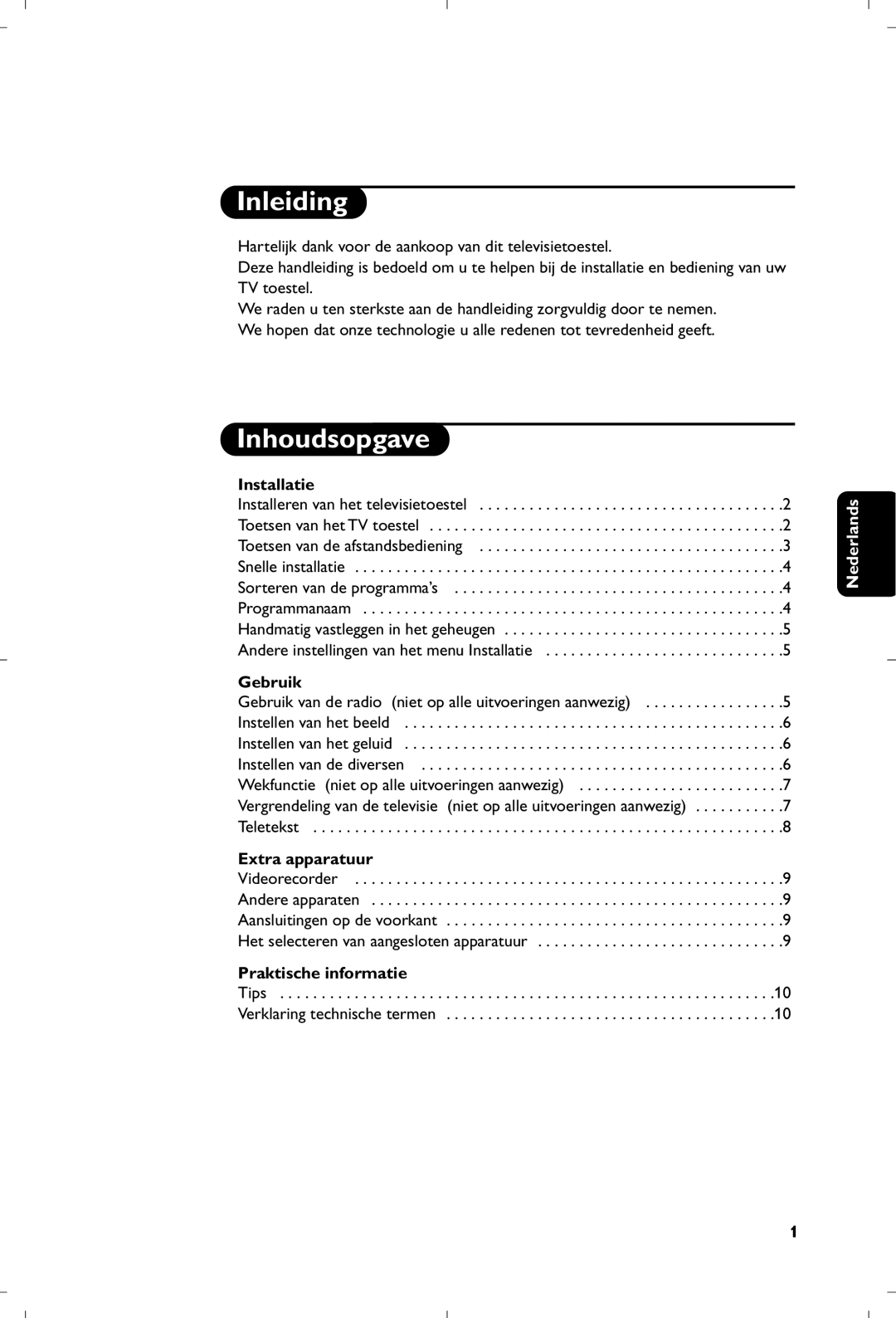 Philips 17PT1666 manual Inleiding, Inhoudsopgave 