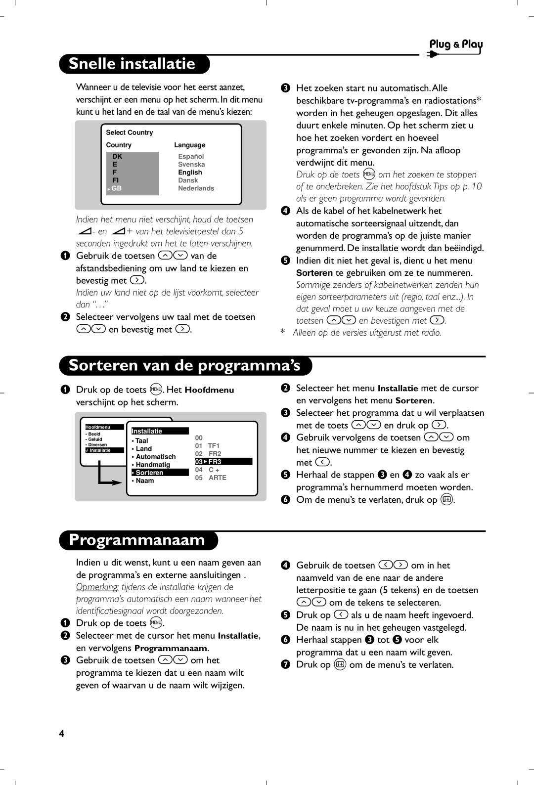 Philips 17PT1666 manual Snelle installatie, Sorteren van de programma’s, Programmanaam 