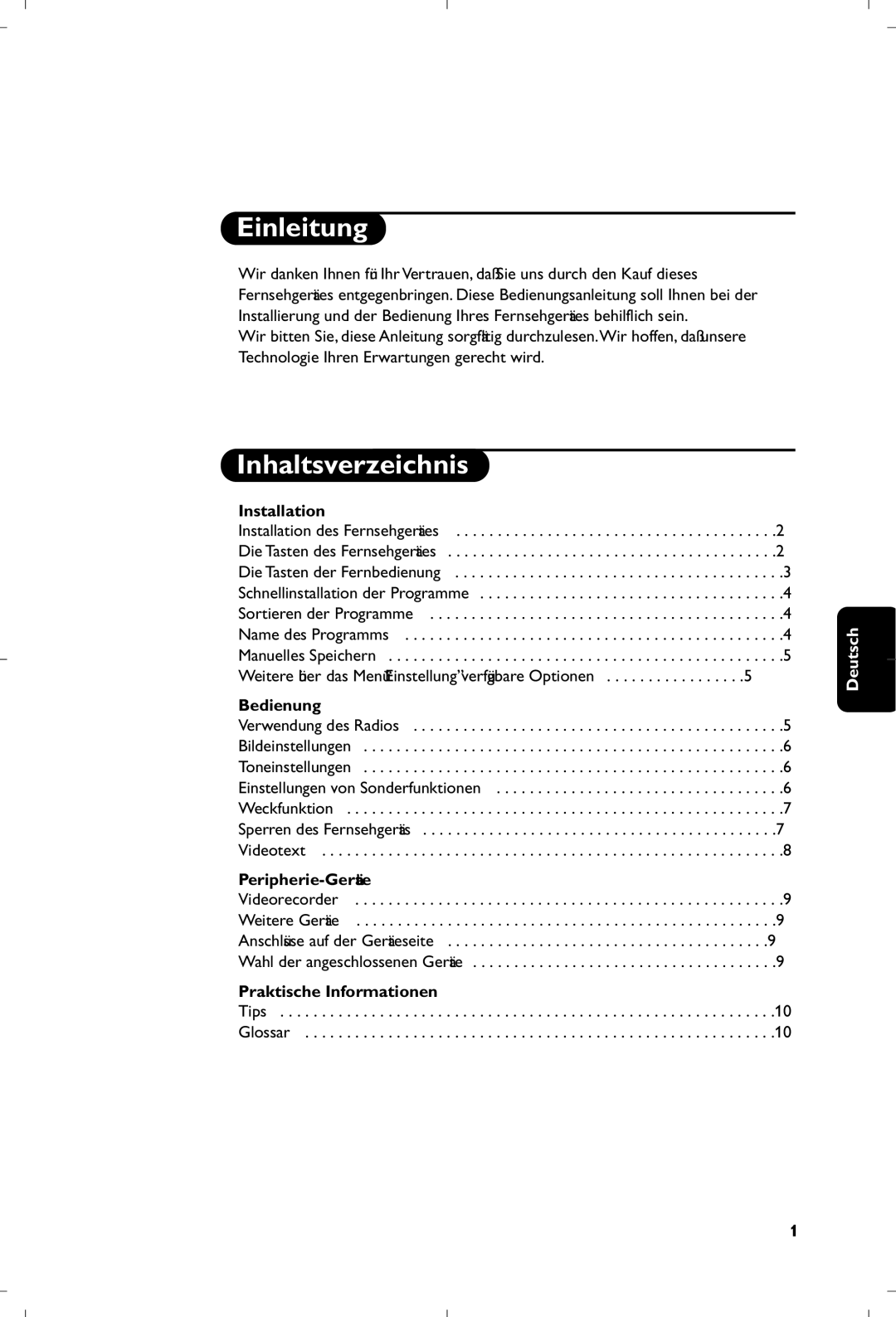 Philips 17PT1666 manual Einleitung, Inhaltsverzeichnis, Bedienung, Peripherie-Geräte, Praktische Informationen 