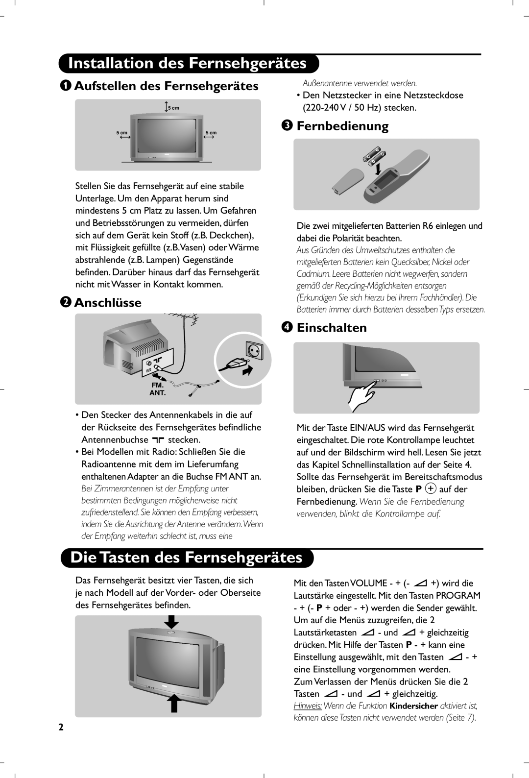 Philips 17PT1666 manual Installation des Fernsehgerätes, Die Tasten des Fernsehgerätes 