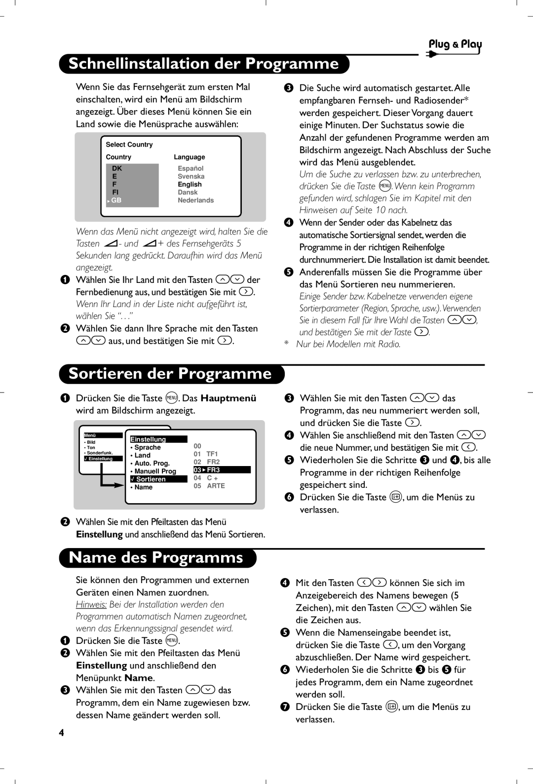 Philips 17PT1666 manual Schnellinstallation der Programme, Sortieren der Programme, Name des Programms 