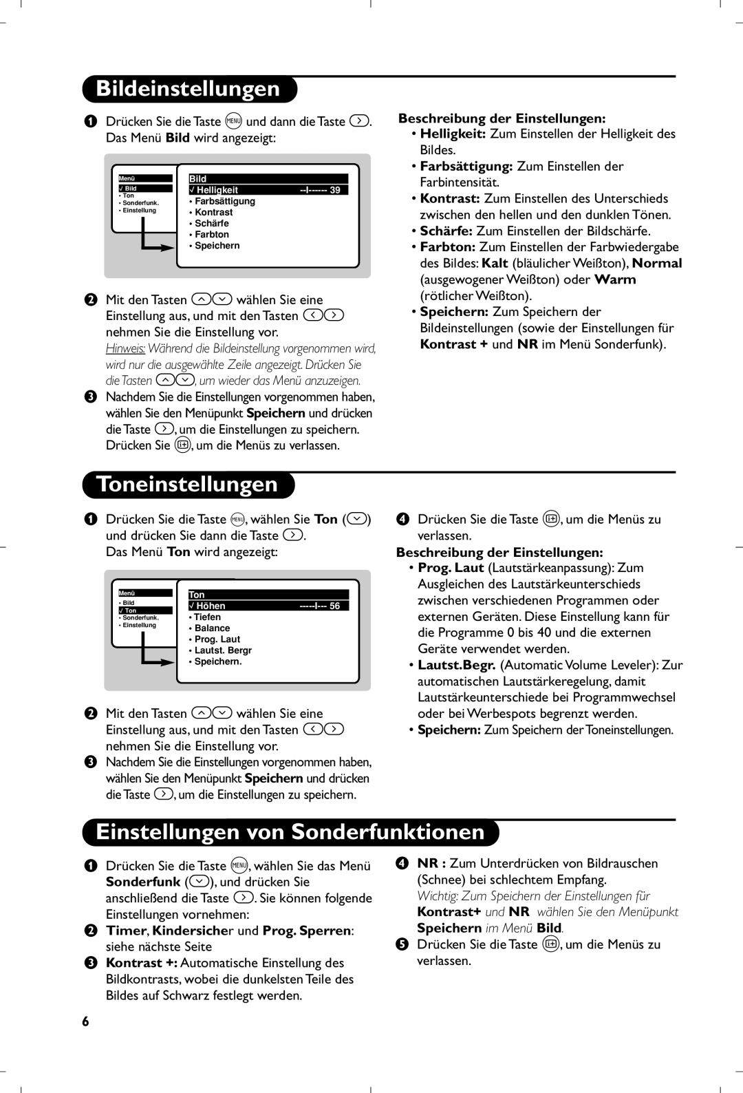 Philips 17PT1666 manual Bildeinstellungen, Toneinstellungen, Einstellungen von Sonderfunktionen 