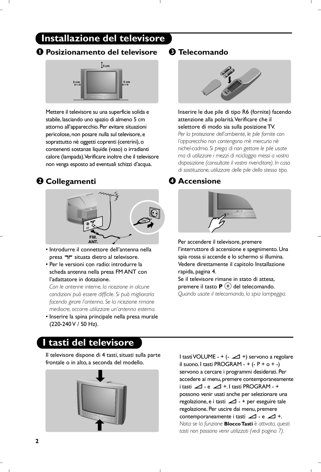 Philips 17PT1666 manual Installazione del televisore, Tasti del televisore, Posizionamento del televisore Telecomando 