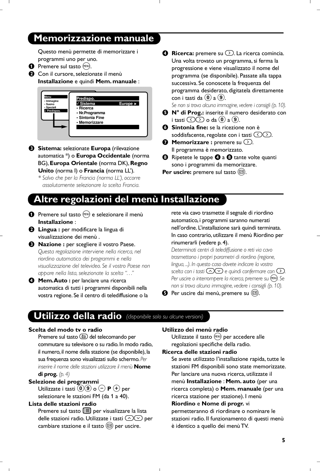 Philips 17PT1666 Memorizzazione manuale, Altre regolazioni del menù Installazione 