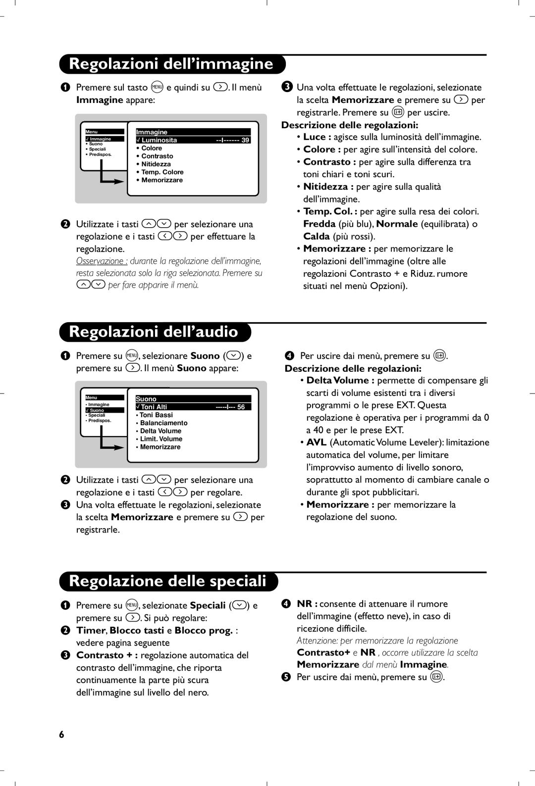 Philips 17PT1666 manual Regolazioni dell’immagine, Regolazioni dell’audio, Regolazione delle speciali 