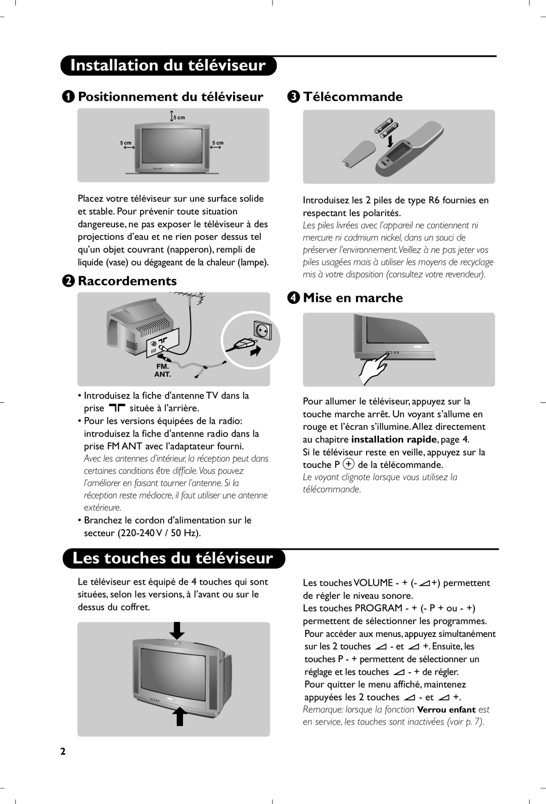 Philips 17PT1666 manual Installation du téléviseur, Les touches du téléviseur 