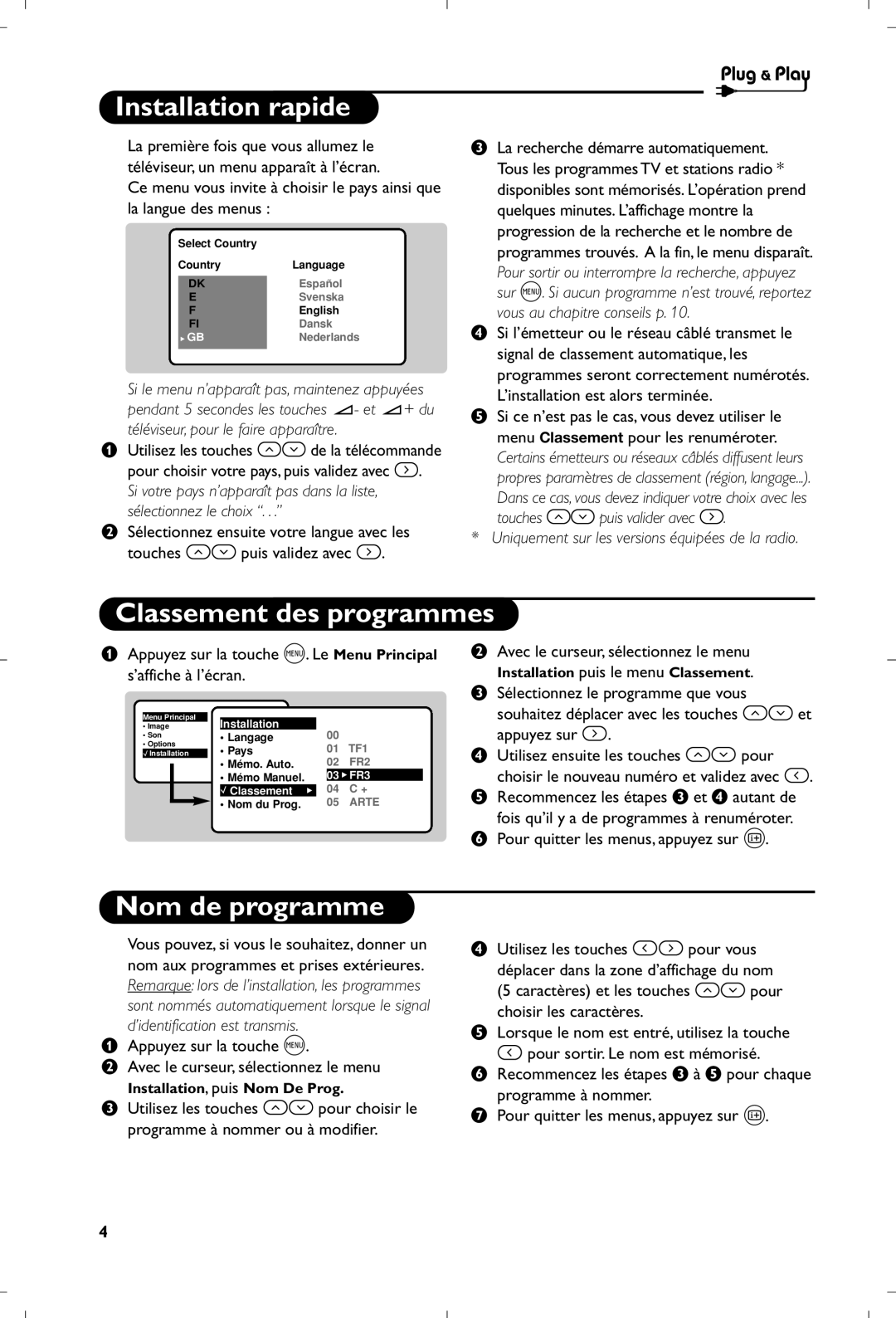 Philips 17PT1666 manual Installation rapide, Classement des programmes, Nom de programme, ’installation est alors terminée 