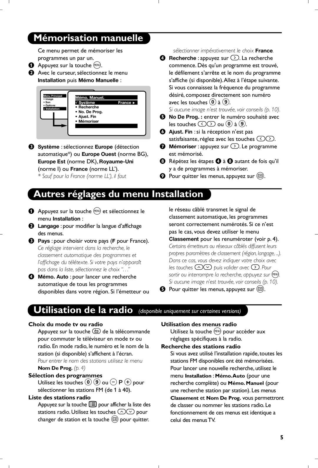 Philips 17PT1666 manual Mémorisation manuelle, Autres réglages du menu Installation 