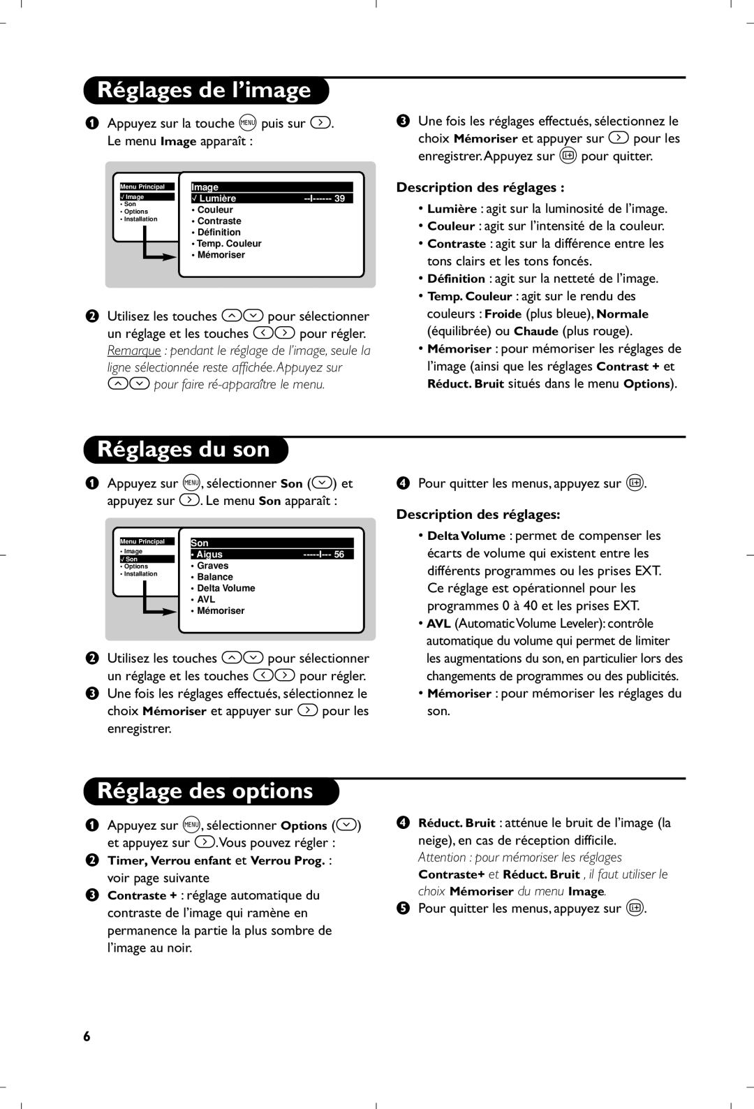 Philips 17PT1666 manual Réglages de l’image, Réglages du son, Réglage des options, Description des réglages 