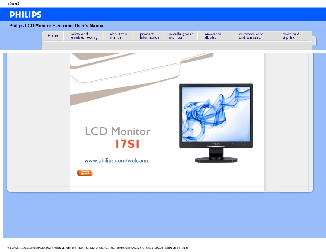 Philips 17S1SB/00 user manual Philips LCD Monitor Electronic User’s Manual, e-Manual 