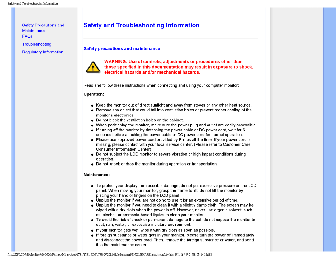Philips 17S1 Safety and Troubleshooting Information, Safety precautions and maintenance, Regulatory Information, Operation 