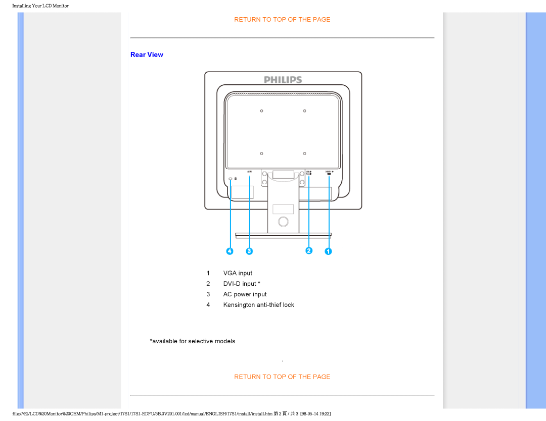 Philips 17S1SB/00 user manual Rear View, Return To Top Of The Page, VGA input 2 DVI-D input 3 AC power input 