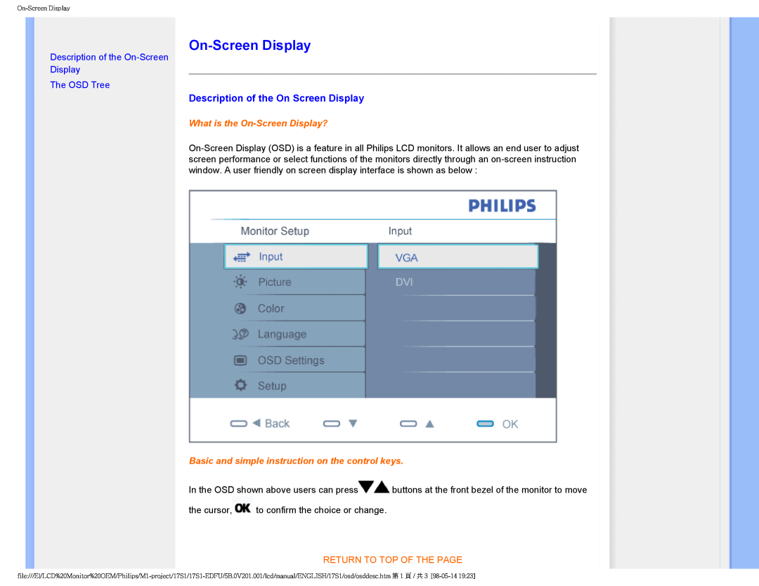 Philips 17S1SB/00 Description of the On Screen Display, What is the On-Screen Display?, Return To Top Of The Page 