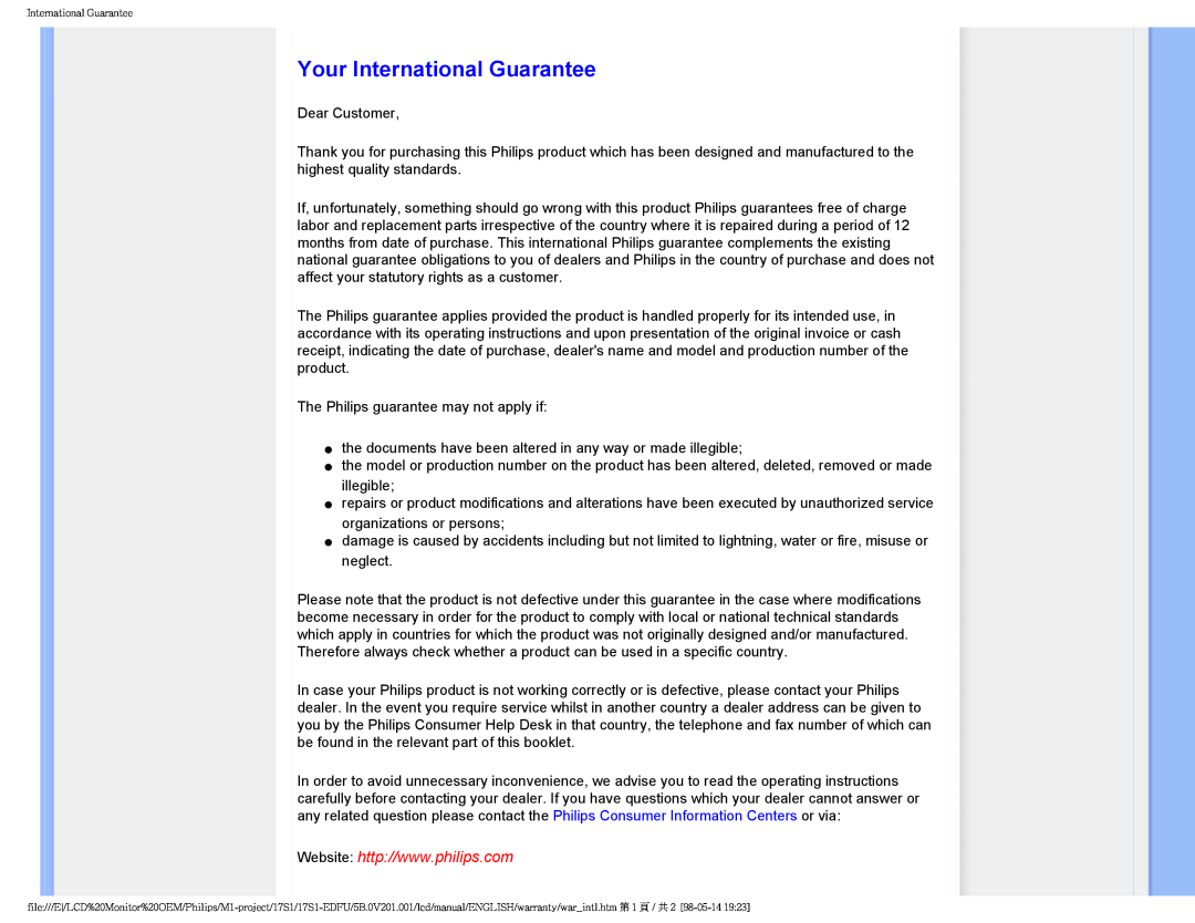 Philips 17S1SB/00 user manual Your International Guarantee 