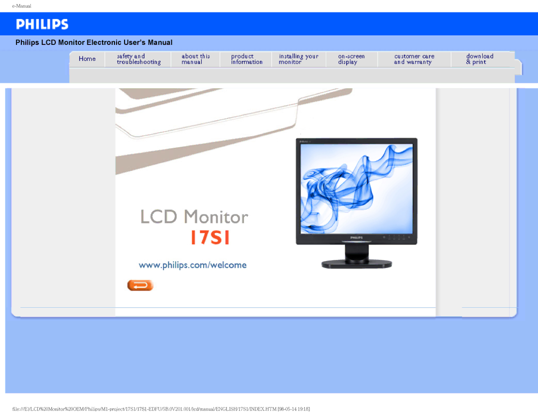 Philips 17S1SB/00 user manual Philips LCD Monitor Electronic User’s Manual 