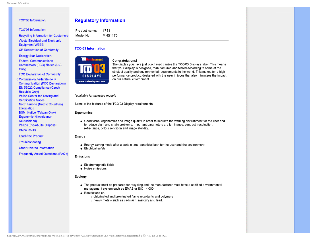 Philips 17S1SB/00 user manual Regulatory Information, TCO03 Information 