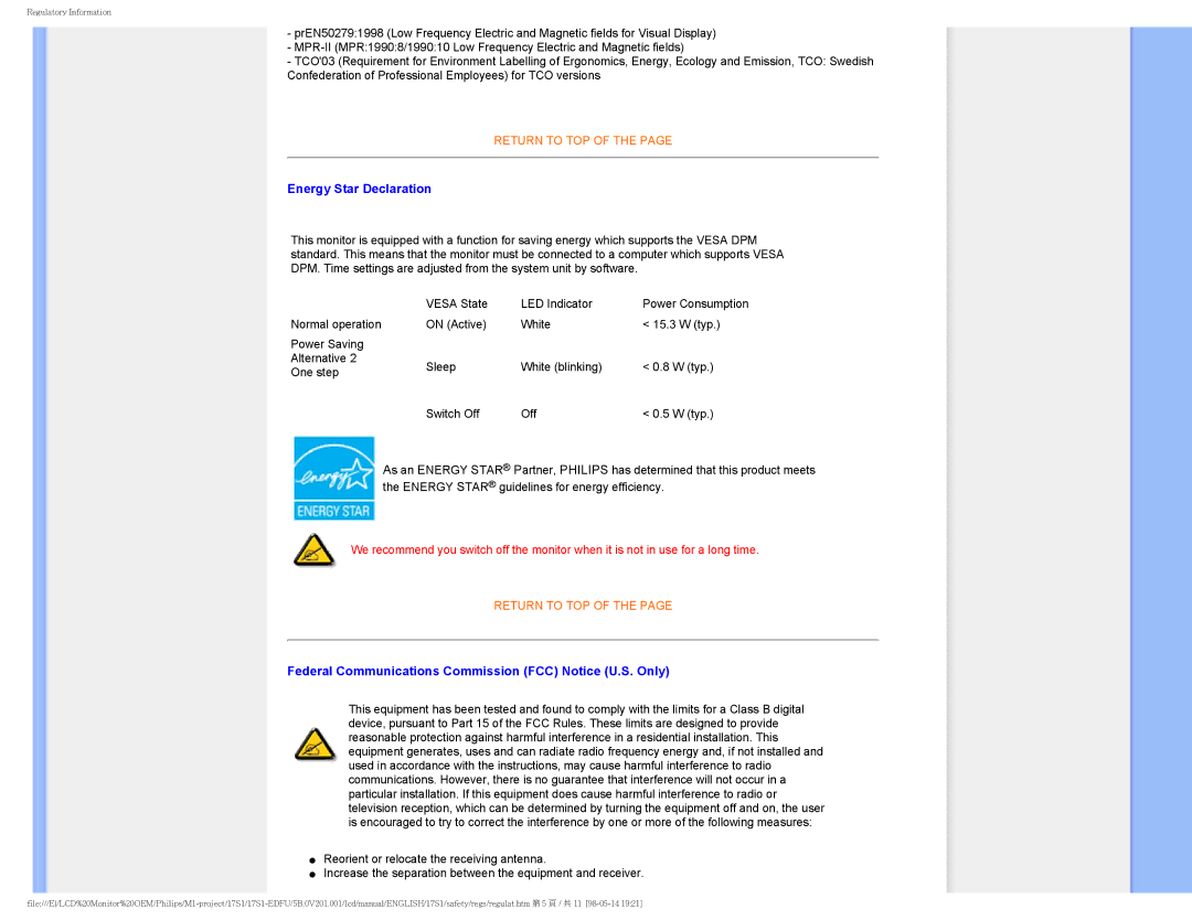 Philips 17S1SB/00 user manual Energy Star Declaration, Federal Communications Commission FCC Notice U.S. Only 