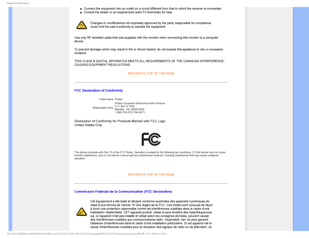 Philips 17S1SB/00 user manual FCC Declaration of Conformity, Commission Federale de la Communication FCC Declaration 