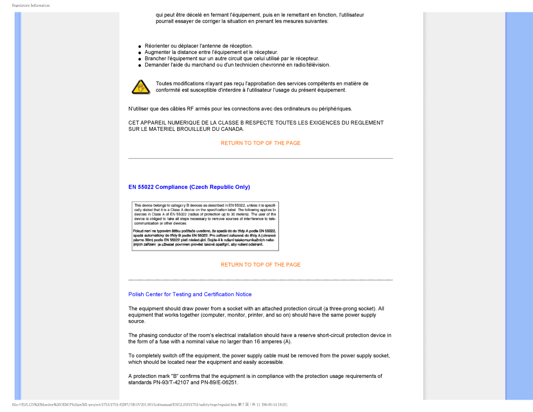 Philips 17S1SB/00 EN 55022 Compliance Czech Republic Only, Polish Center for Testing and Certification Notice 