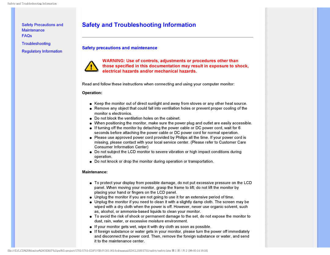 Philips 17S1SB/00 user manual Safety and Troubleshooting Information, Safety precautions and maintenance 