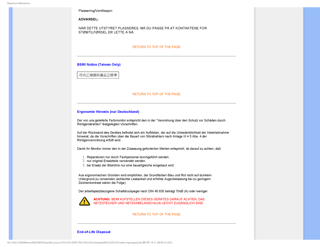 Philips 17S1SB/00 user manual Bsmi Notice Taiwan Only, Ergonomie Hinweis nur Deutschland, End-of-Life Disposal 