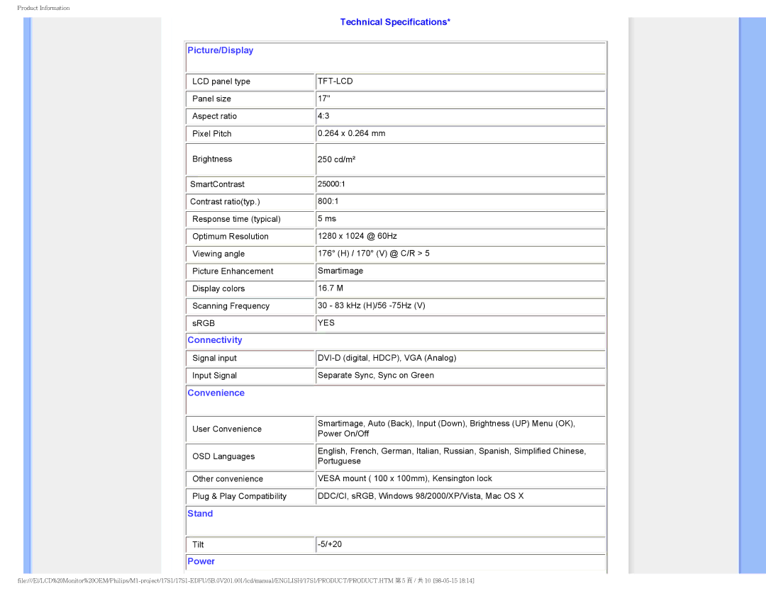 Philips 17S1SB/00 user manual Picture/Display, Technical Specifications 