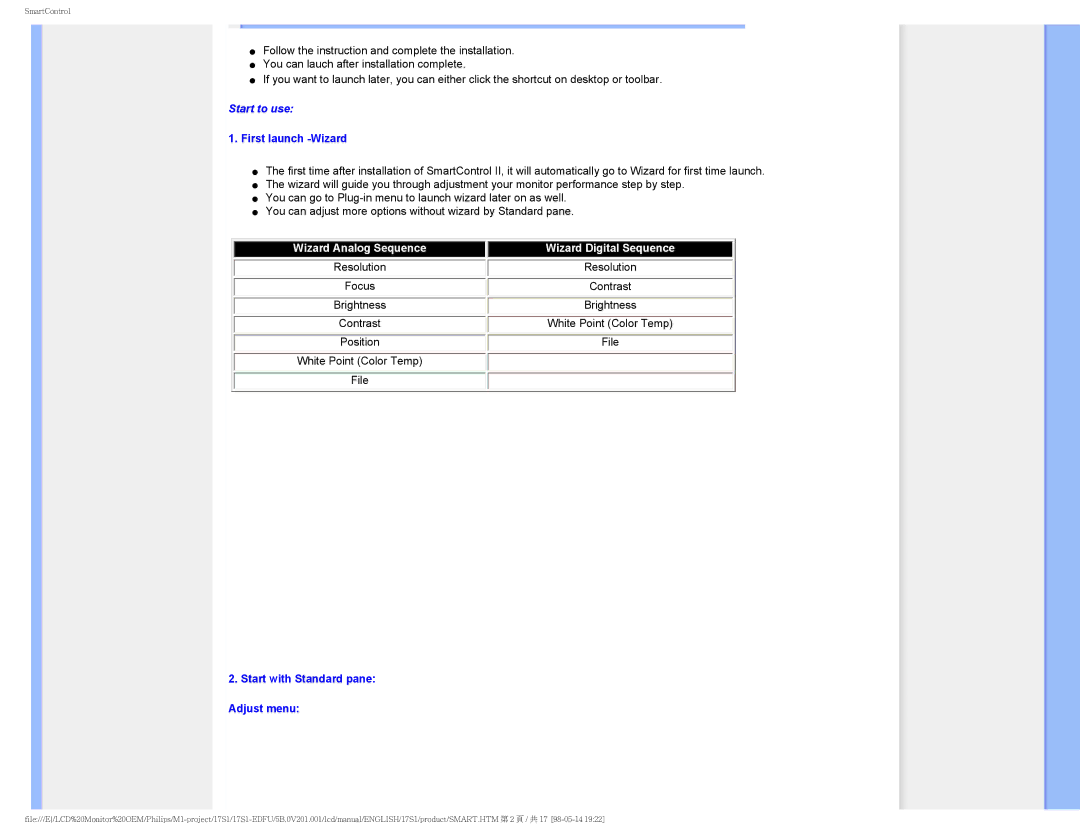 Philips 17S1SB/00 user manual First launch -Wizard, Start with Standard pane Adjust menu 