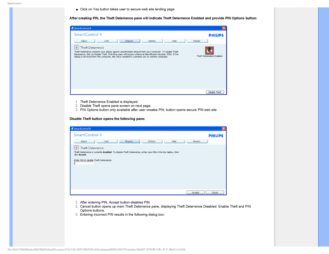 Philips 17S1SB/00 user manual Disable Theft button opens the following pane 