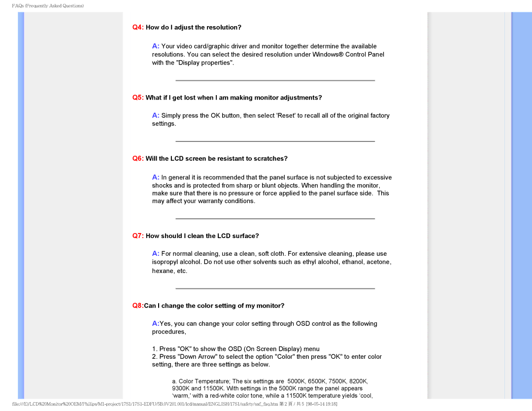 Philips 17S1SB/00 user manual Q4 How do I adjust the resolution? 