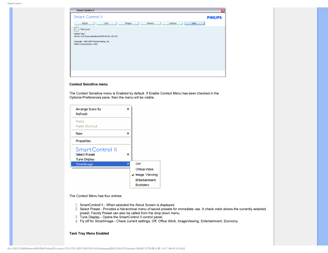 Philips 17S1SB/00 user manual Context Sensitive menu 