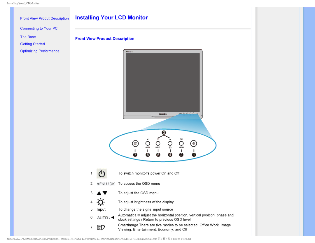 Philips 17S1SB/00 user manual Installing Your LCD Monitor, Front View Product Description 